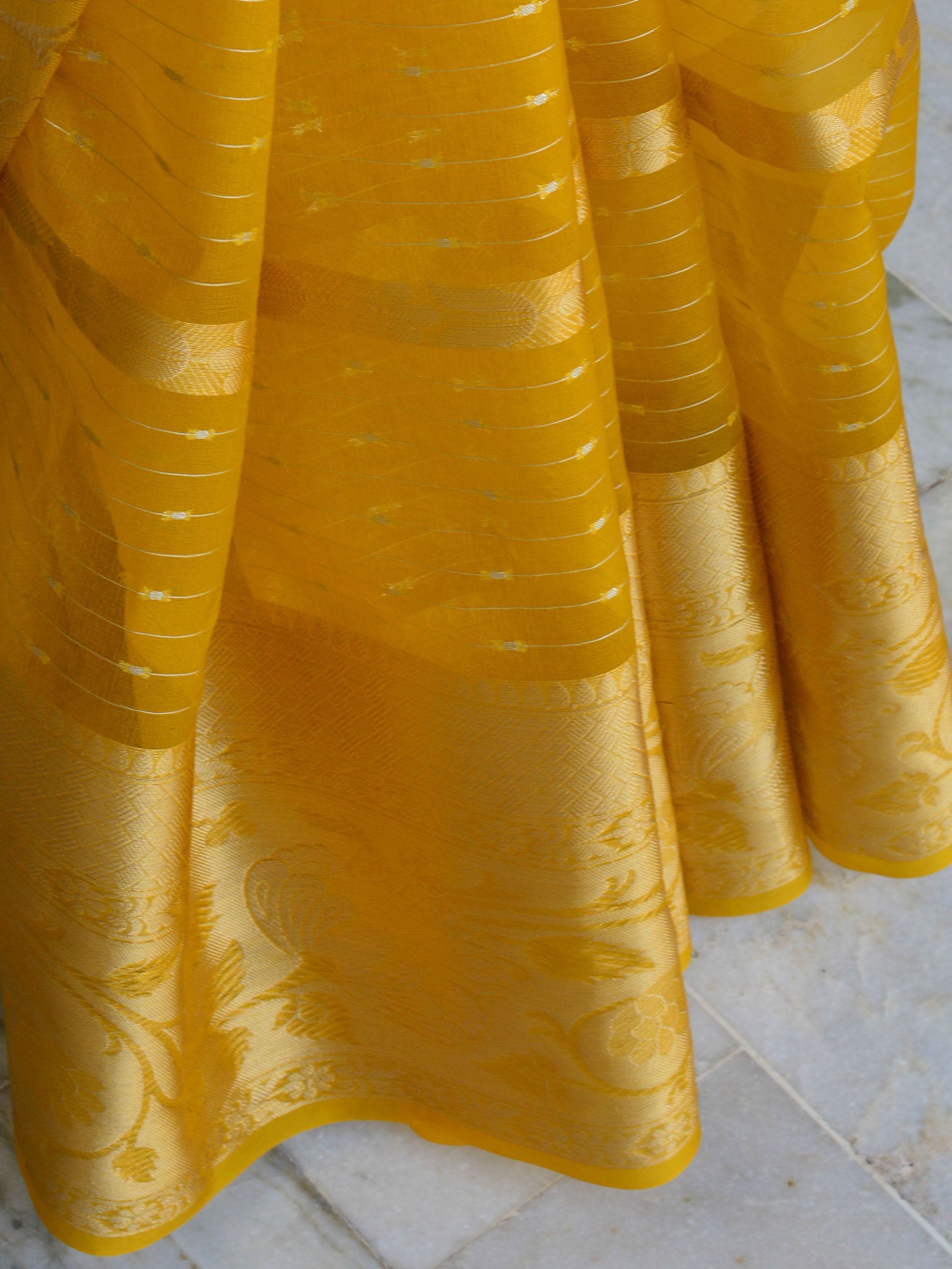 Banarasee Organza Mix Saree With Stripes Design & Broad Border-Yellow