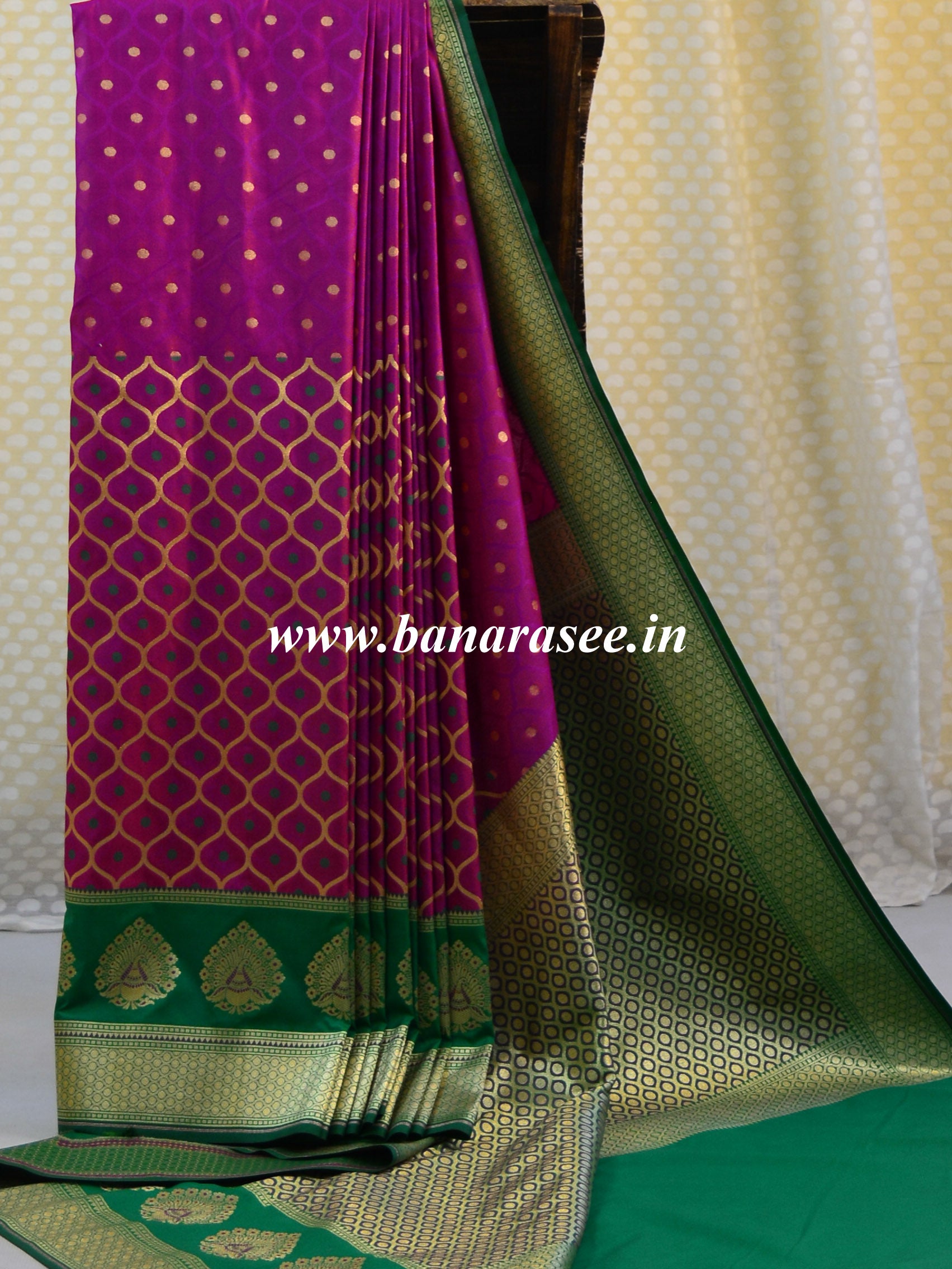 Banarasee Handwoven Semi-Katan Broad Border Saree-Magenta & Green