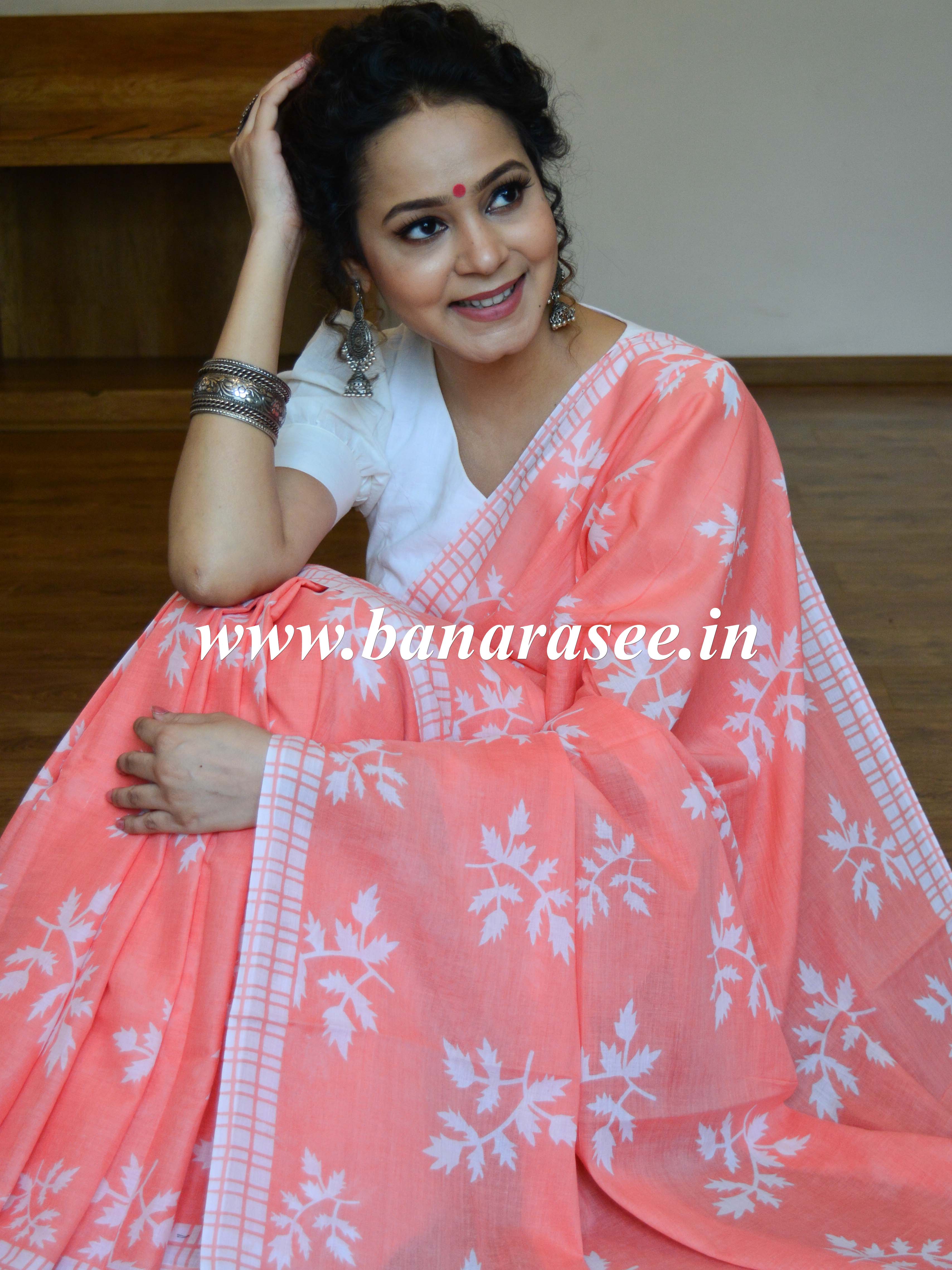 Handloom Mul Cotton Ajrakh Print Saree-Peach