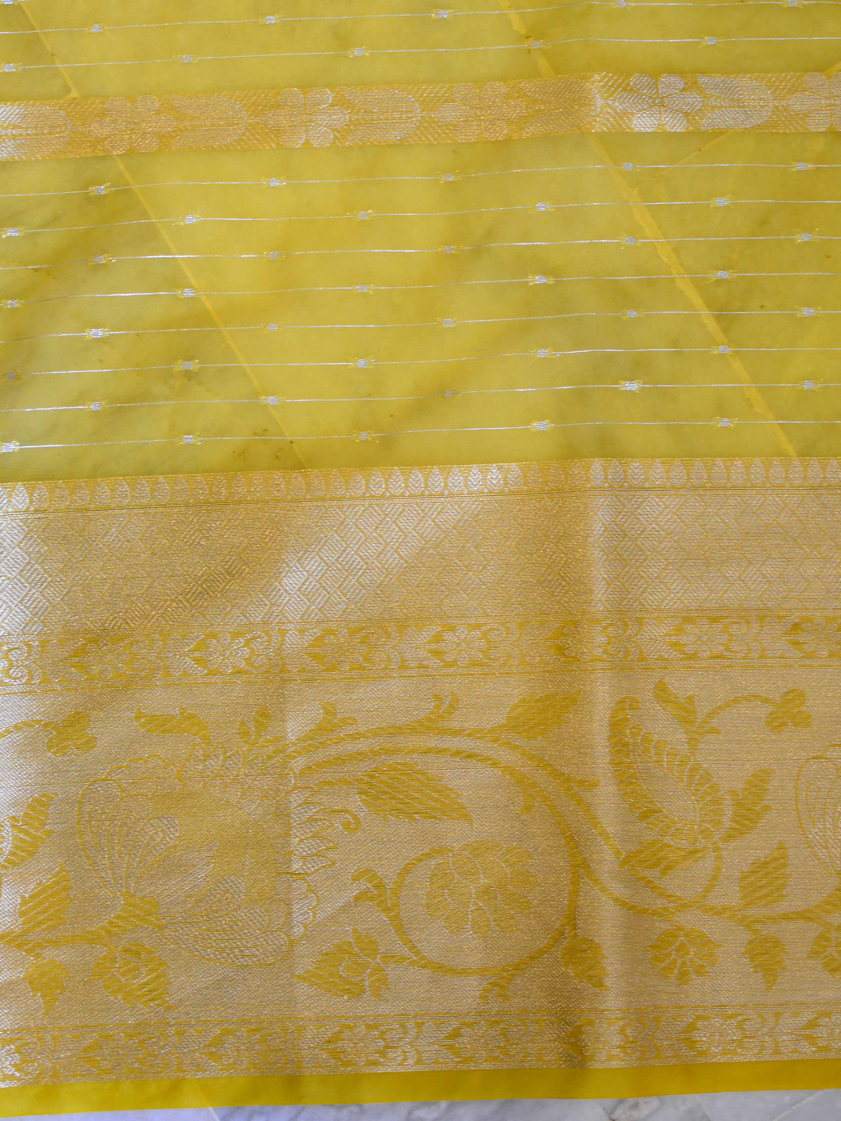 Banarasee Organza Mix Saree With Stripes Design & Broad Border-Yellow