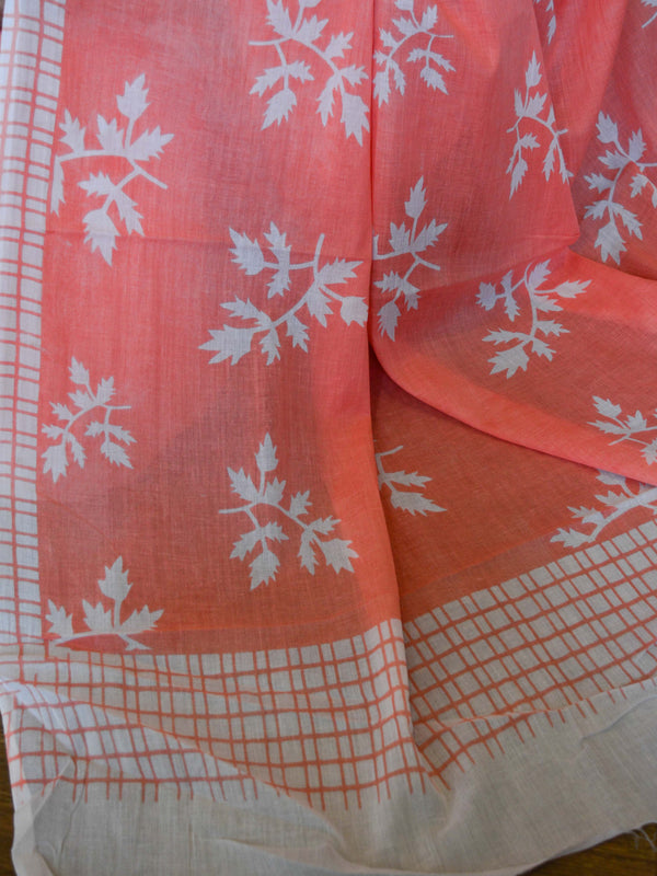 Handloom Mul Cotton Ajrakh Print Saree-Peach