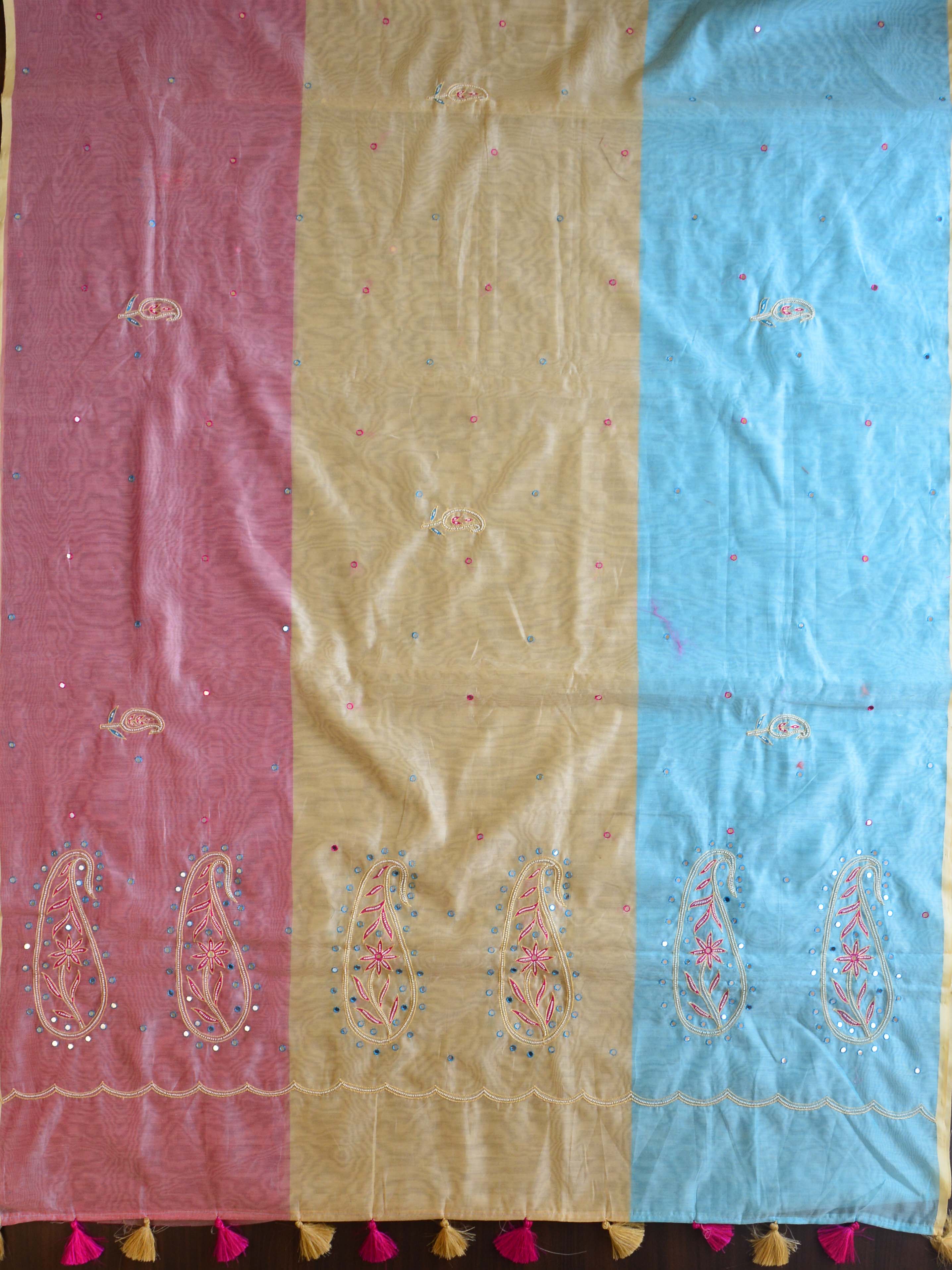 Banarasee Chanderi Cotton Multicolour Hand-Embroidered Saree-Multicolour
