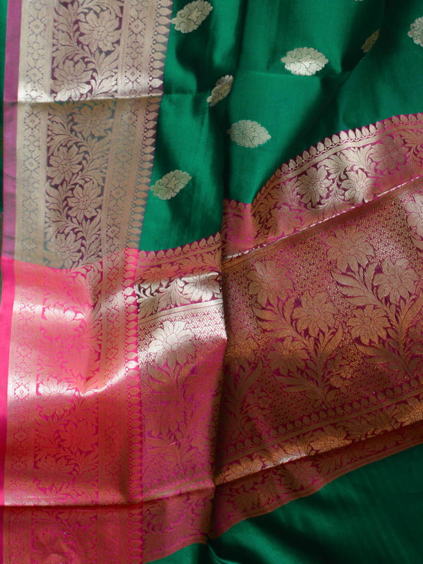 Banarasee Art Silk Saree With Buta Design & Contrast Border-Green