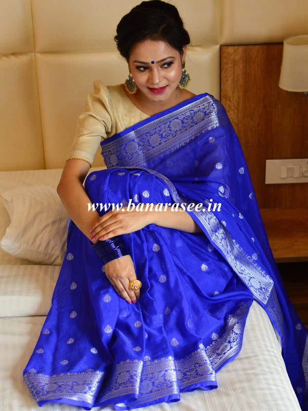 Banarasee Handwoven Semi-Chiffon Saree With Silver Zari-Royal Blue