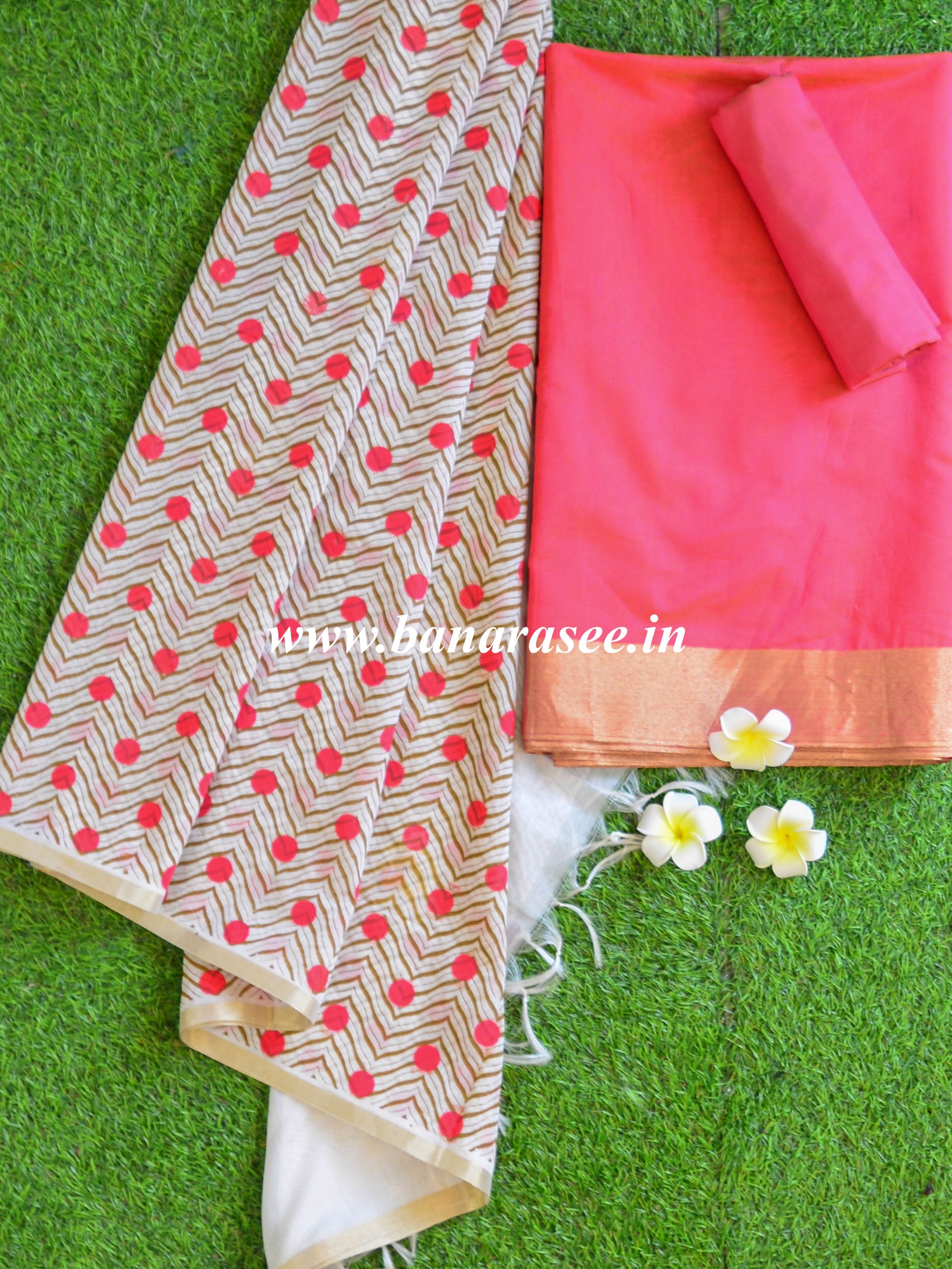 Banarasee Chanderi Cotton Salwar Kameez & Dupatta Set-Peach & White