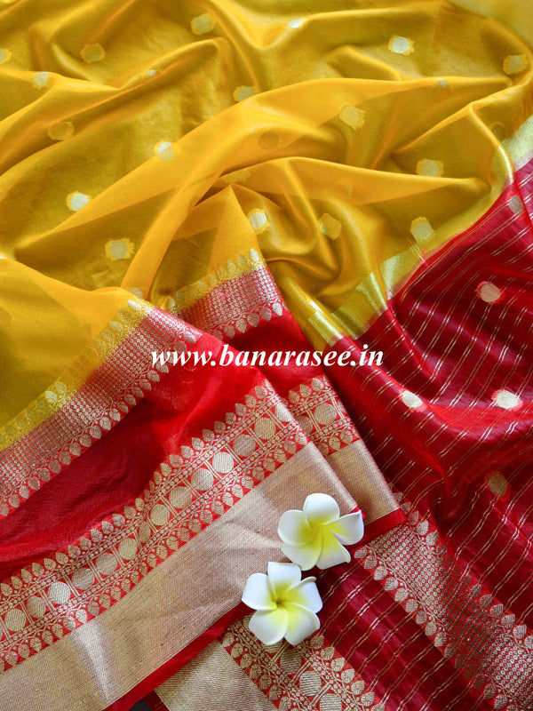 Banarasee Handwoven Semi Silk Saree Broad Zari Border-Yellow & Red