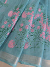 Bhagalpuri Handloom Linen Cotton Floral Embroidered Saree-Sky Blue