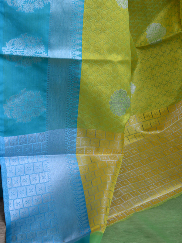 Banarasee Kora Muslin Saree With Silver Zari Tanchoi Design & Skirt Border-Yellow