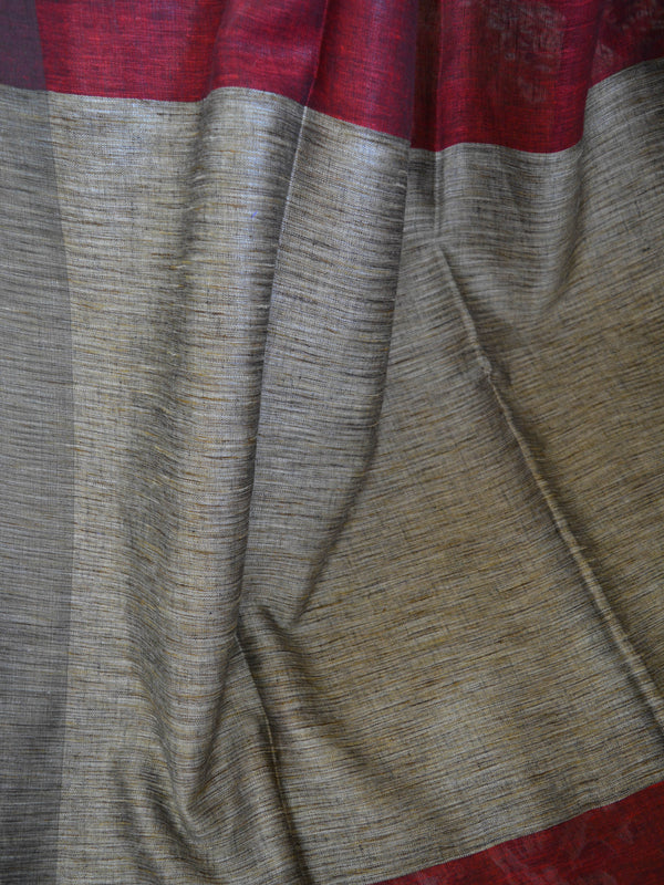 Bhagalpuri Handloom Pure Linen Saree-Deep Red With Rust