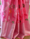 Handwoven Semi Silk Saree With Jaal Design & Silver Zari Border-Pink