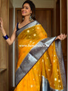 Banarasee Organza Mix Saree With Flower Buta Design & Broad Border-Yellow & Blue