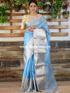 Banarasee Handwoven Broad Border Silver Zari Tissue Saree-Blue