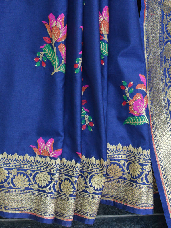 Banarasee Pure Silk Saree With Floral Jaal-Navy Blue