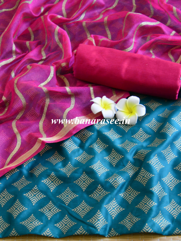 Banarasee Chanderi Salwar Kameez Gold Buta Fabric With Pink Dupatta-Green