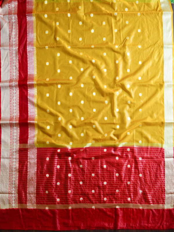 Banarasee Handwoven Semi Silk Saree Broad Zari Border-Yellow & Red