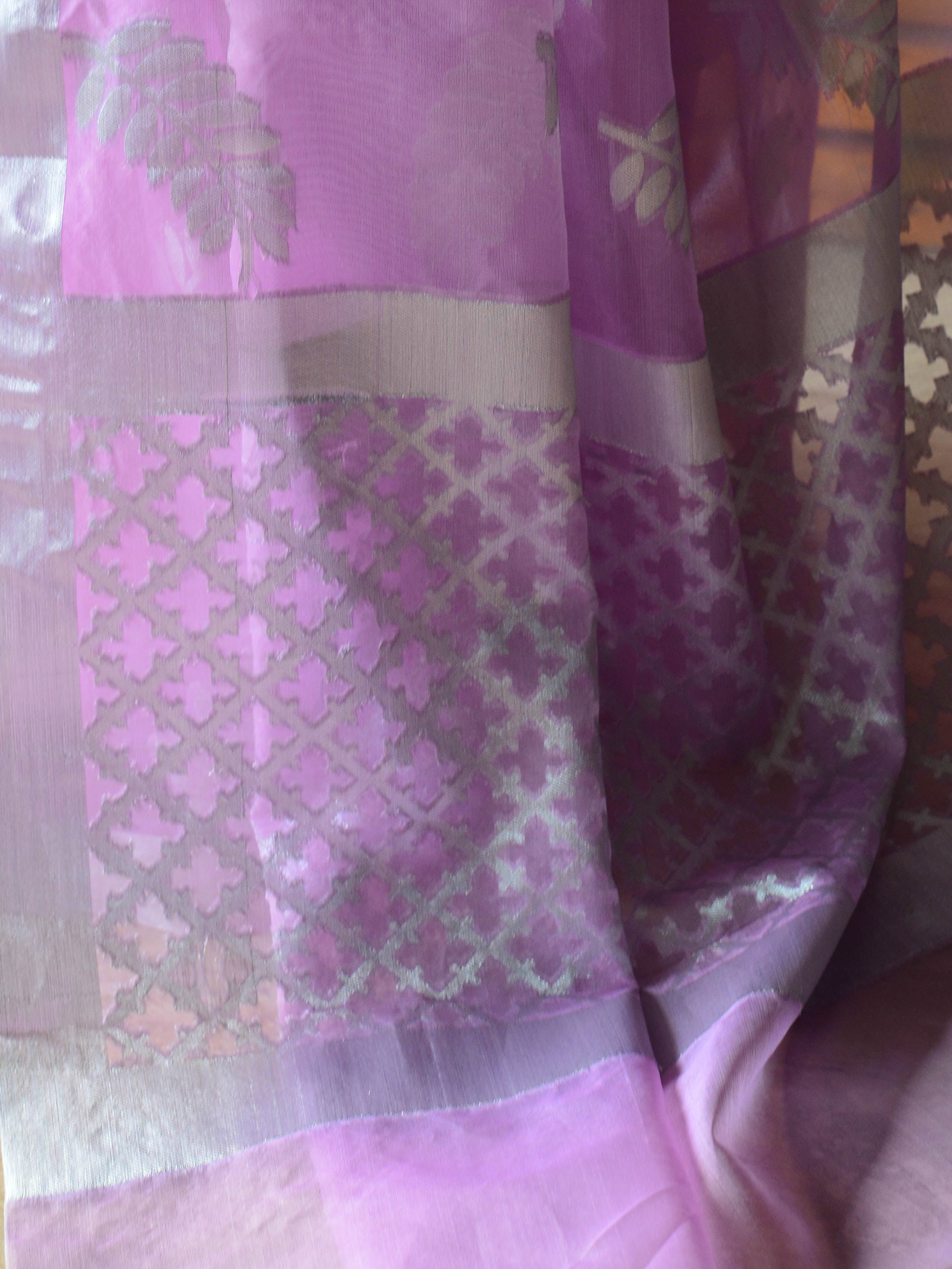Banarasee Organza Mix Saree With Silver Leaf Buta & Border-Lavender