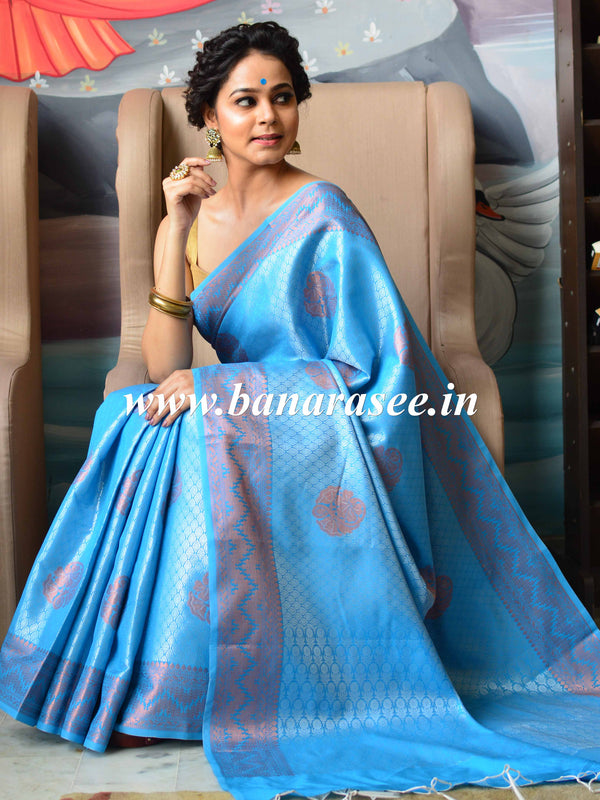 Banarasee Handwoven Semi Silk Saree With Copper Zari Buta Design & Border Design-Sky Blue