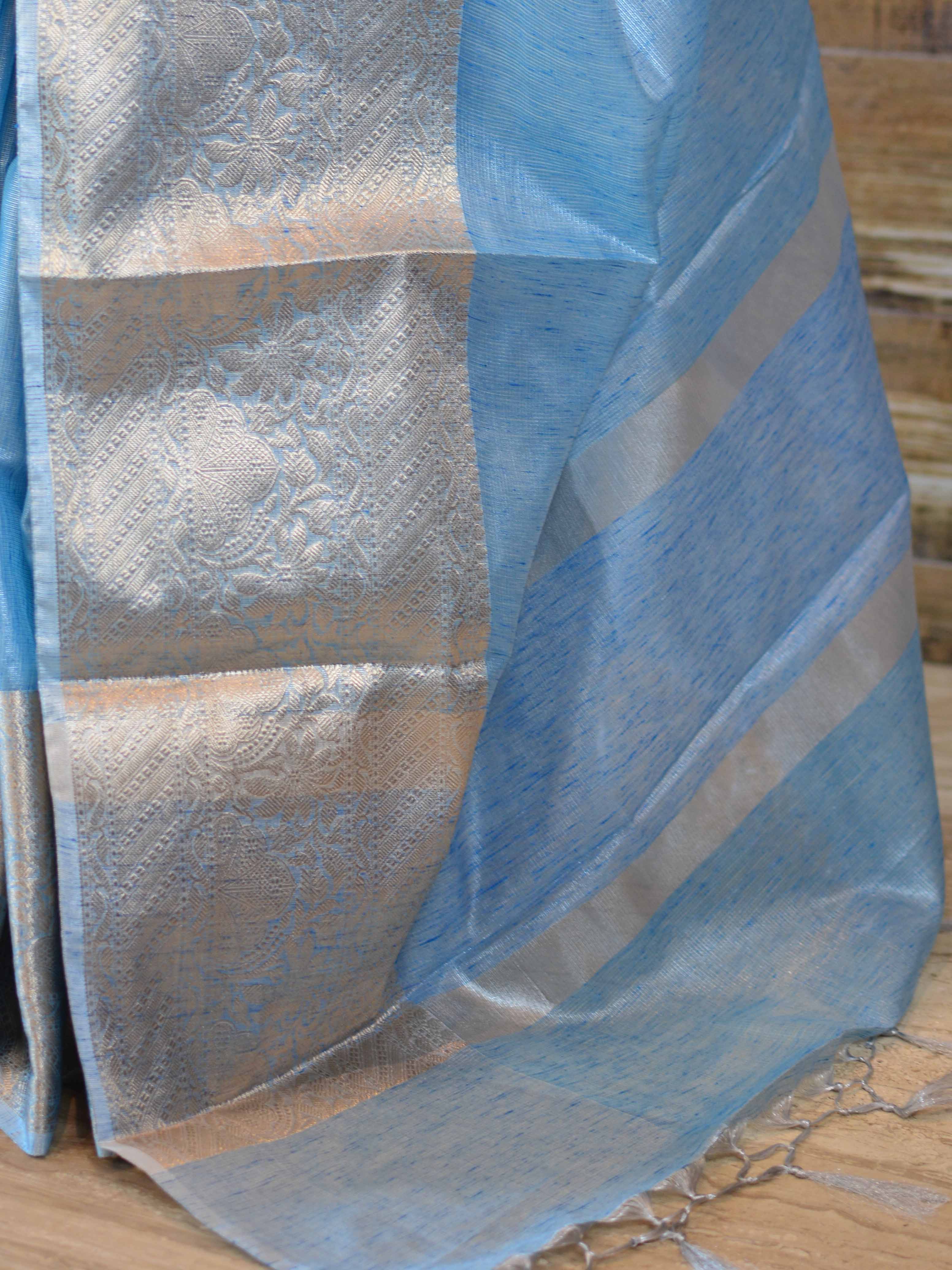 Banarasee Handwoven Broad Border Silver Zari Tissue Saree-Blue