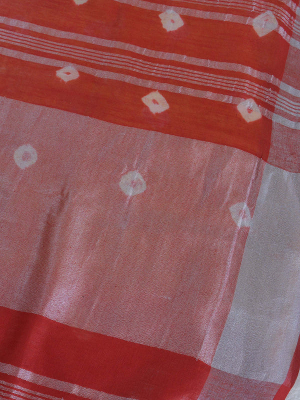 Bhagalpur Handloom Pure Linen Cotton Hand-Dyed Shibori Pattern Saree-Red & Yellow