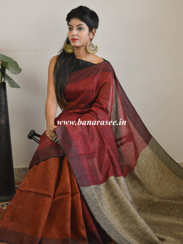 Bhagalpuri Handloom Pure Linen Saree-Deep Red With Rust