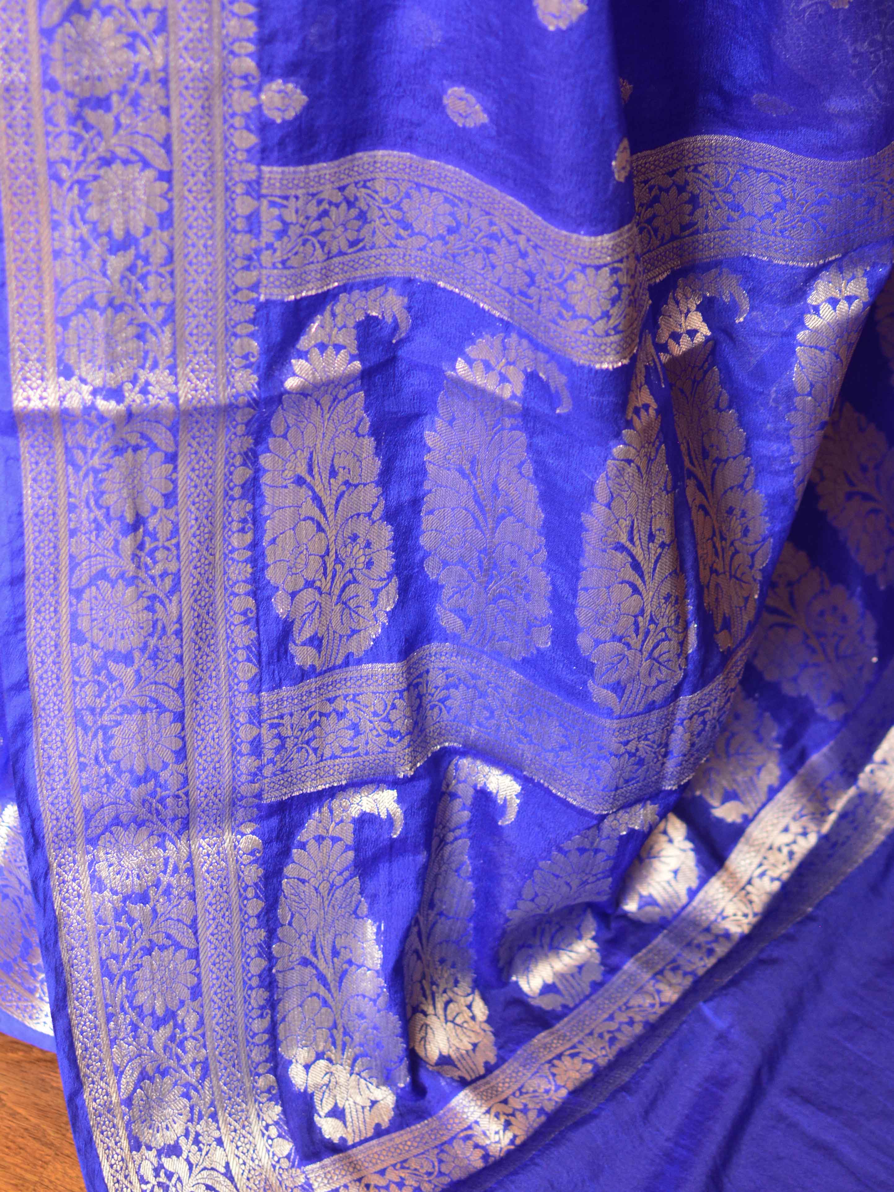 Banarasee Handwoven Semi-Chiffon Saree With Silver Zari-Royal Blue