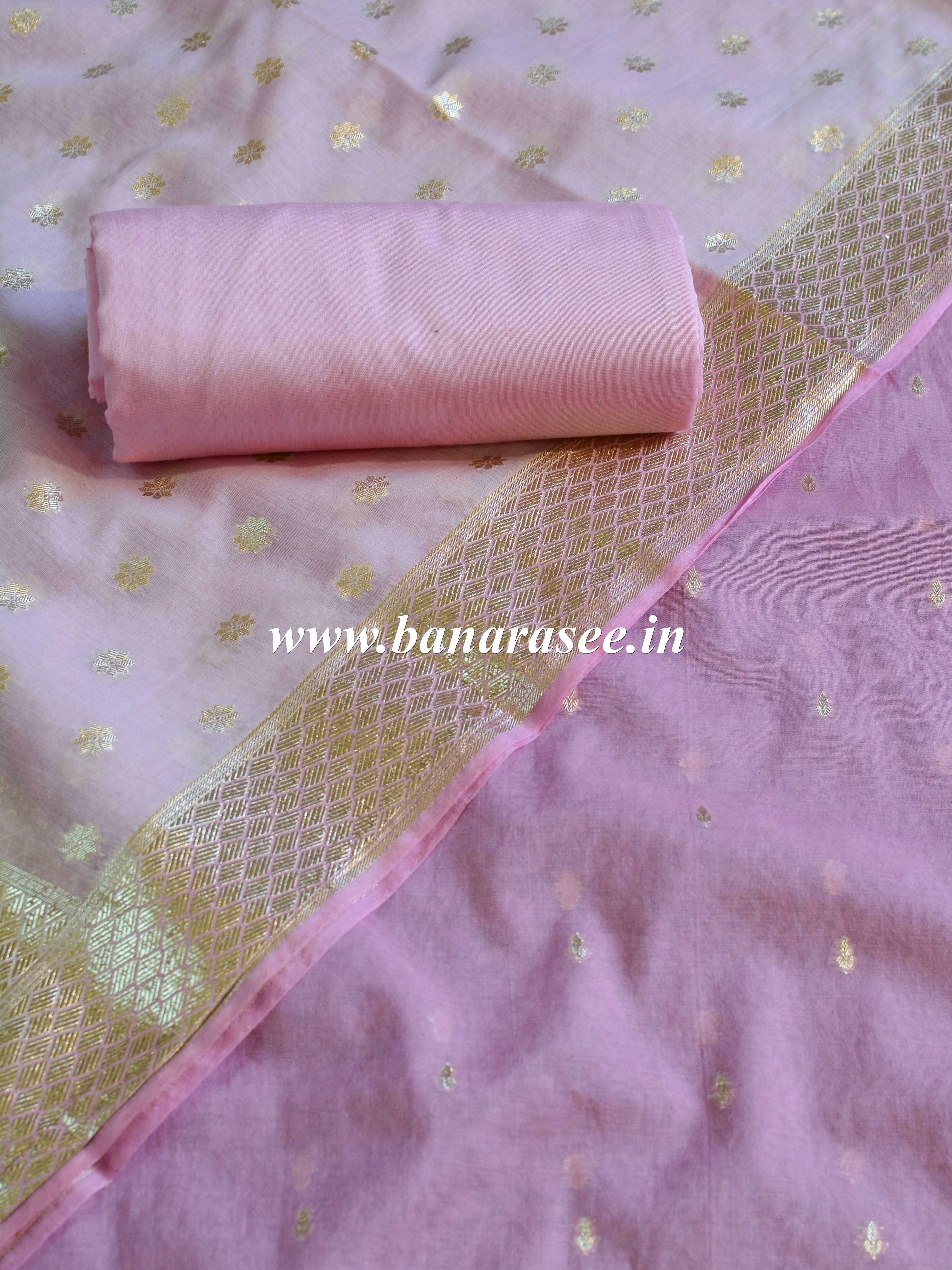 Banarasee Handloom Chanderi Cotton Zari Work Salwar Kameez Dupatta Set-Pink