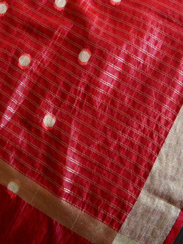 Banarasee Handwoven Semi Silk Saree Broad Zari Border-Yellow & Red