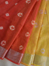 Bhagalpur Handloom Pure Linen Cotton Hand-Dyed Shibori Pattern Saree-Red & Yellow