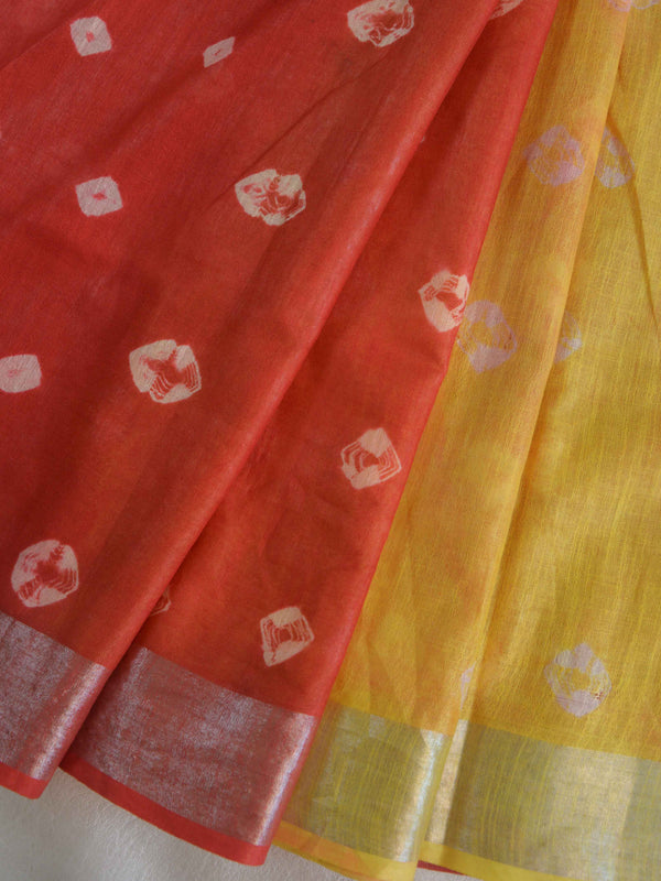 Bhagalpur Handloom Pure Linen Cotton Hand-Dyed Shibori Pattern Saree-Red & Yellow