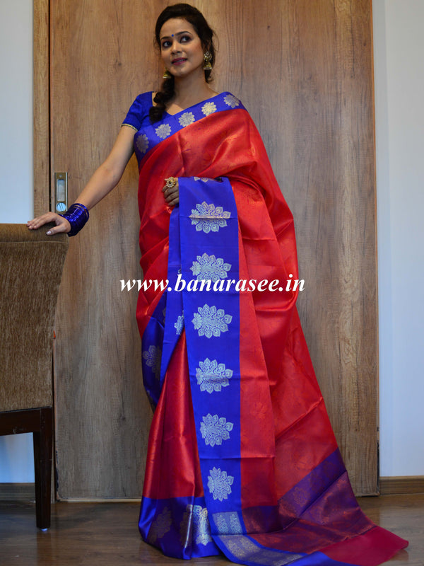 Banarasee Kora Muslin Saree With Buta Design & Skirt Border-Red & Blue