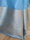 Banarasee Handwoven Broad Border Silver Zari Tissue Saree-Blue