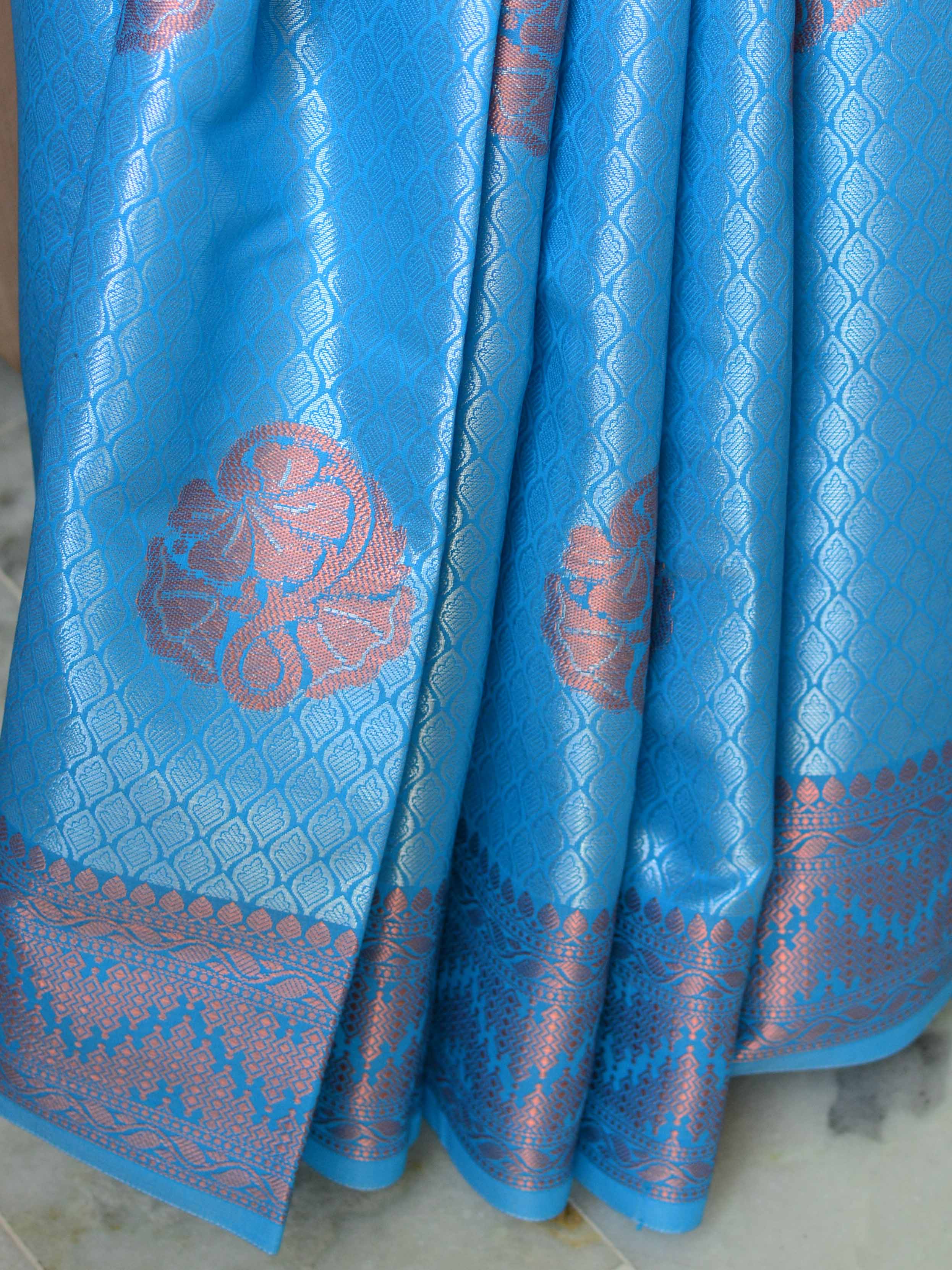Banarasee Handwoven Semi Silk Saree With Copper Zari Buta Design & Border Design-Sky Blue