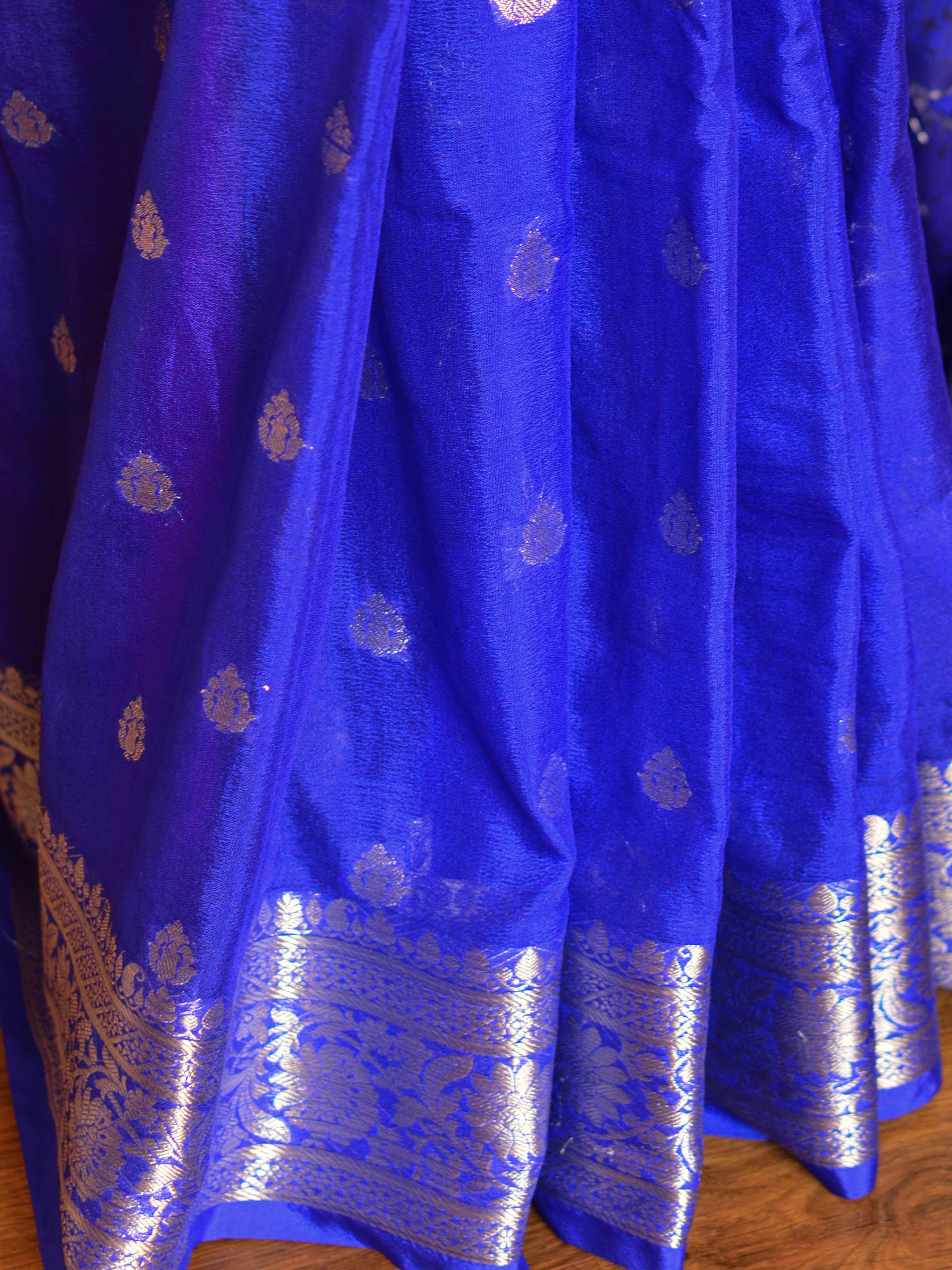 Banarasee Handwoven Semi-Chiffon Saree With Silver Zari-Royal Blue