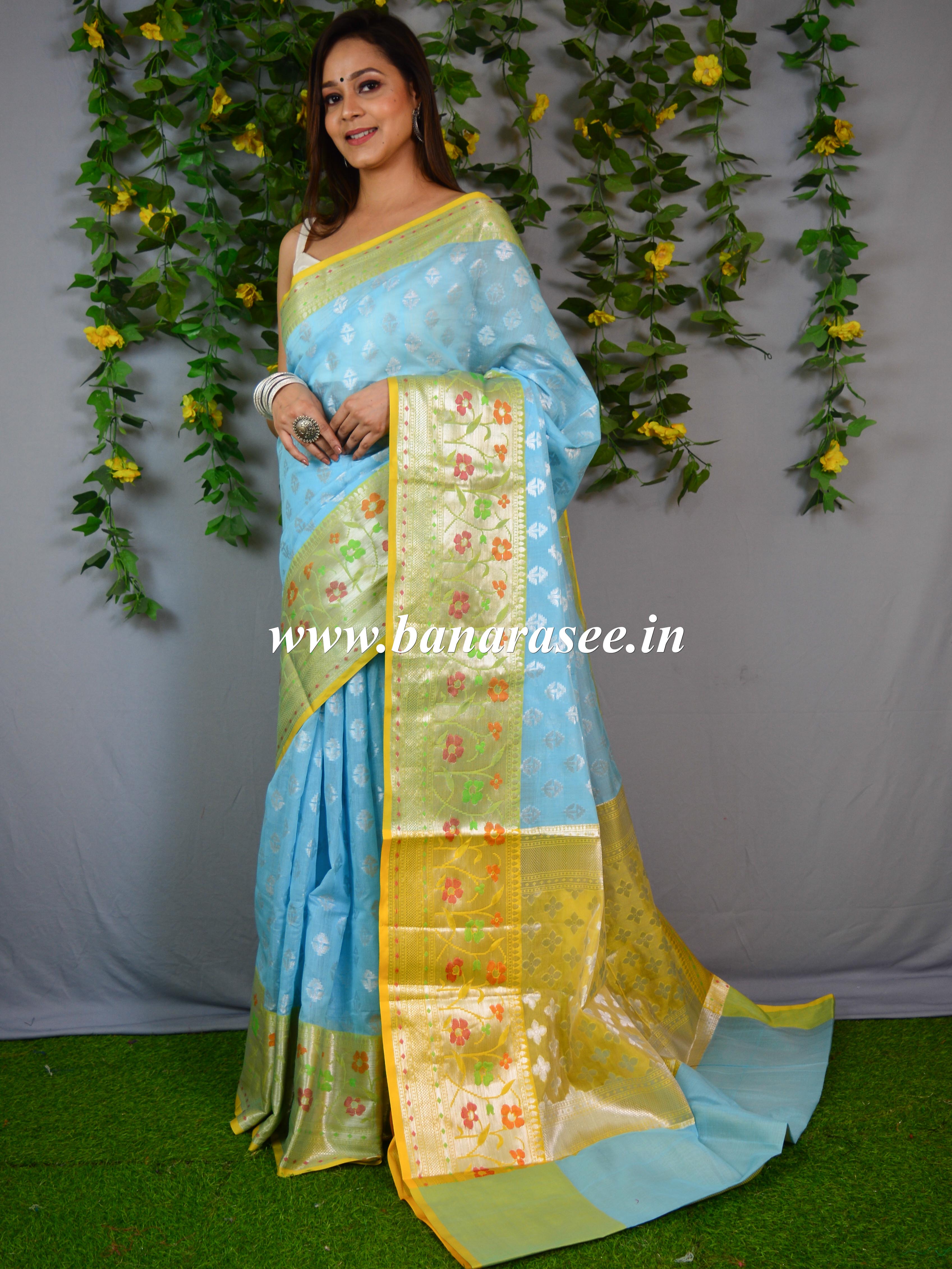 Banarasee Organza Mix Saree With Silver Zari Buta & Contrast Satin Border-Blue