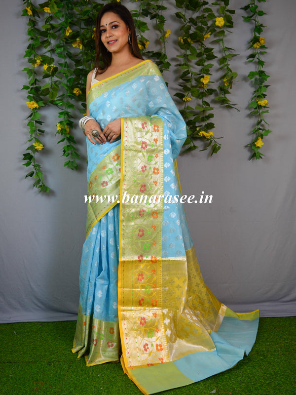 Banarasee Organza Mix Saree With Silver Zari Buta & Contrast Satin Border-Blue