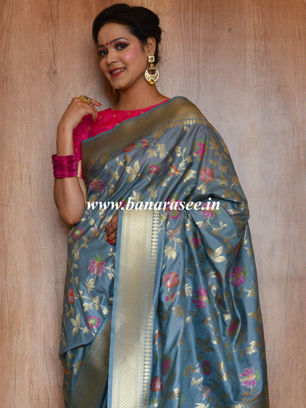 Banarasee Pure Silk Saree With Floral Jaal-Grey
