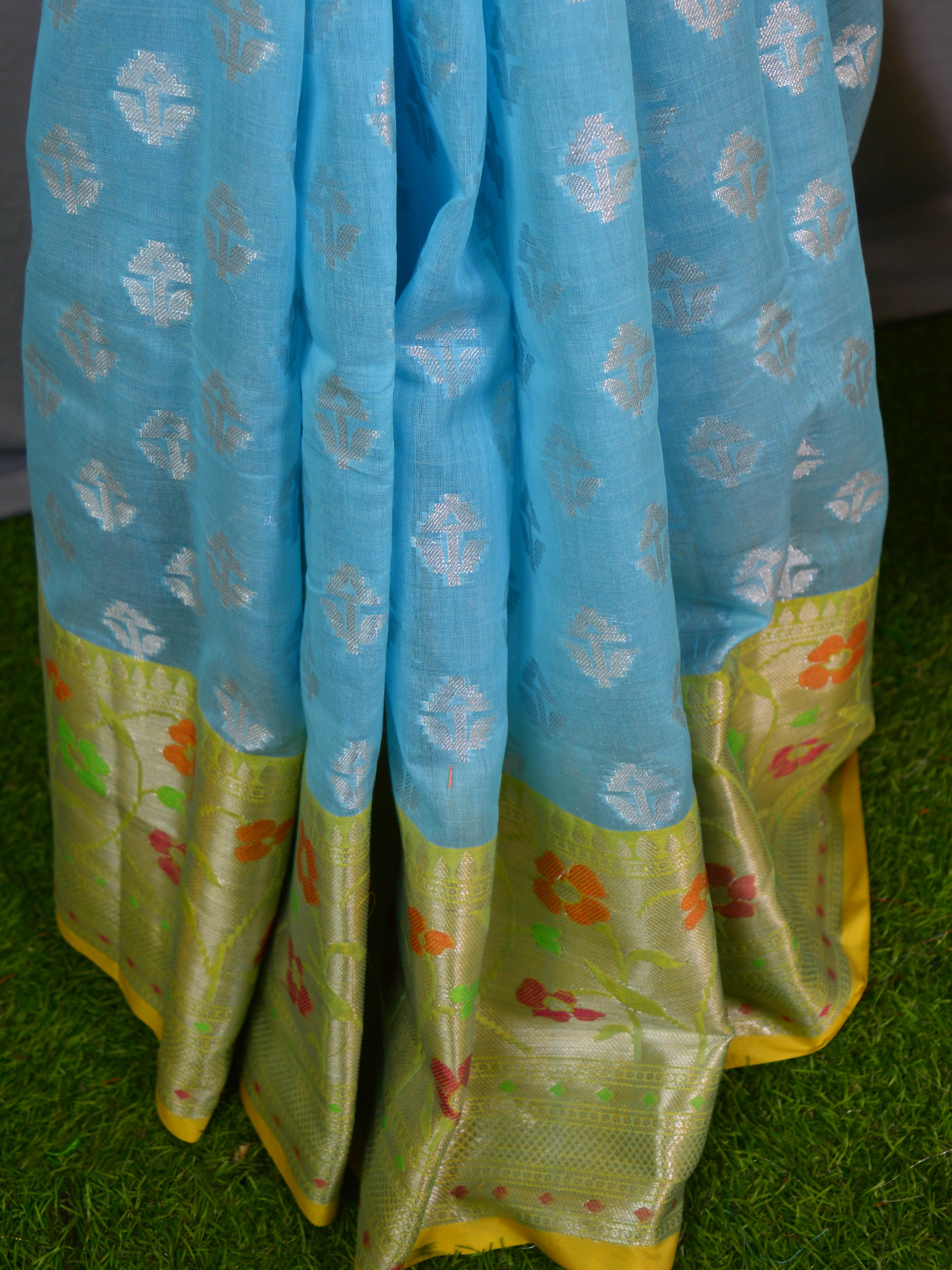 Banarasee Organza Mix Saree With Silver Zari Buta & Contrast Satin Border-Blue