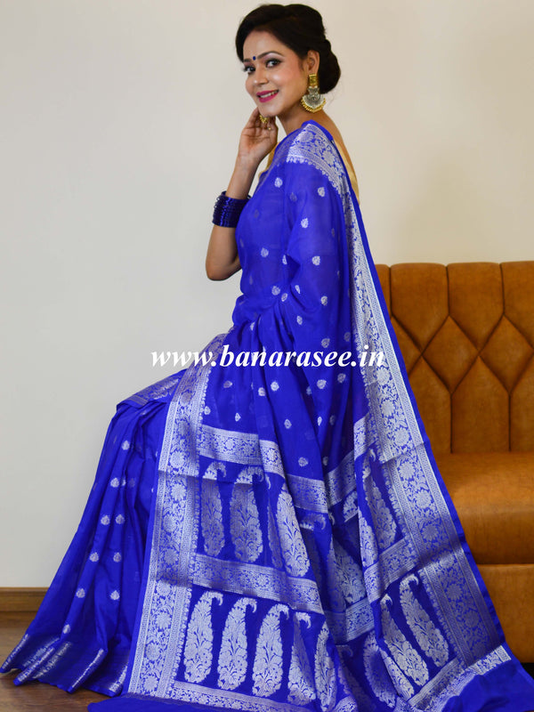 Banarasee Handwoven Semi-Chiffon Saree With Silver Zari-Royal Blue
