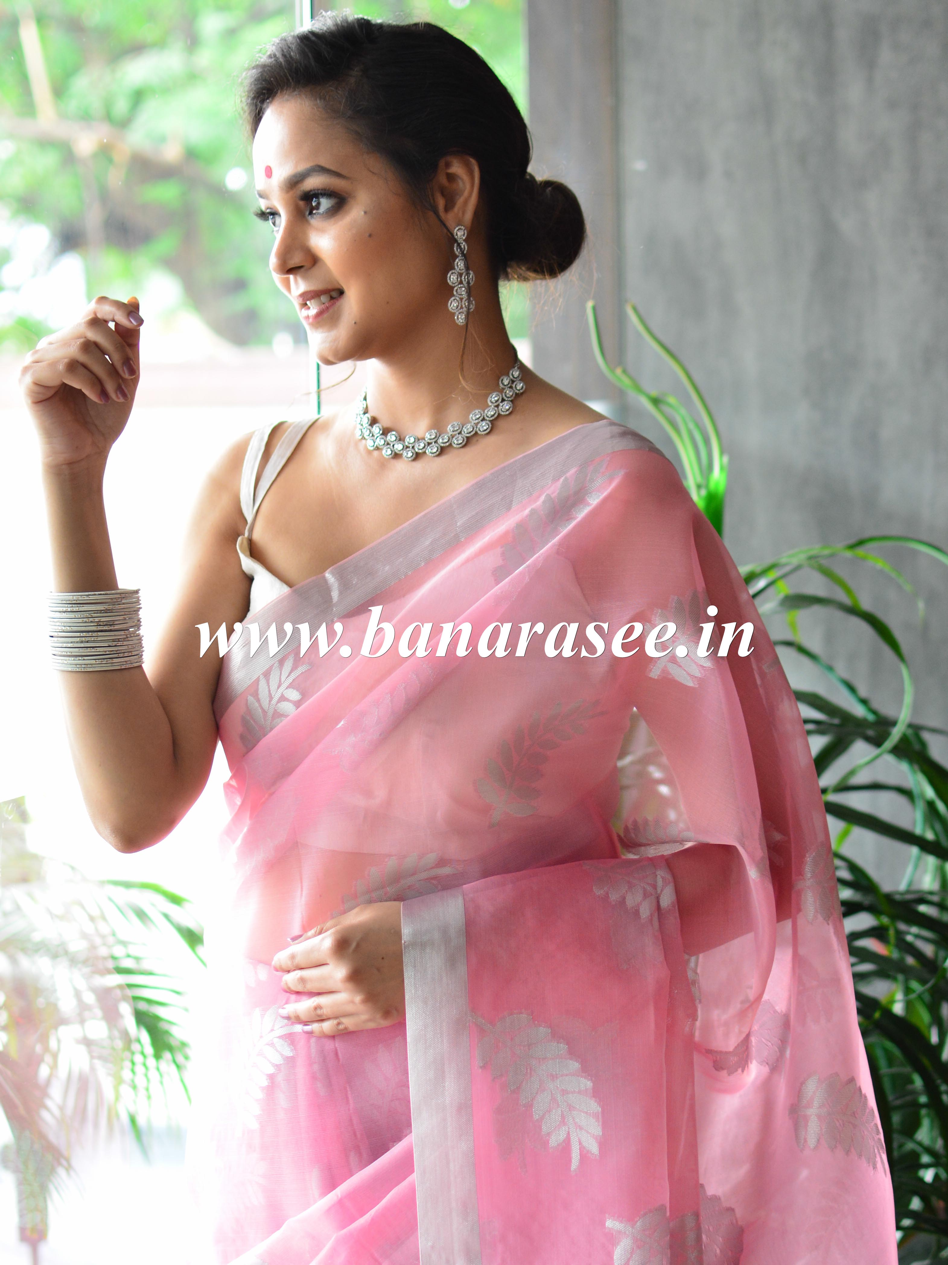 Banarasee Organza Mix Saree With Silver Leaf Buta & Border-Pink