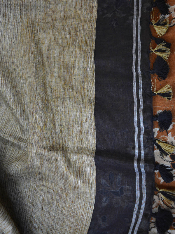 Bhagalpuri Handloom Pure Linen Saree-Black With Grey