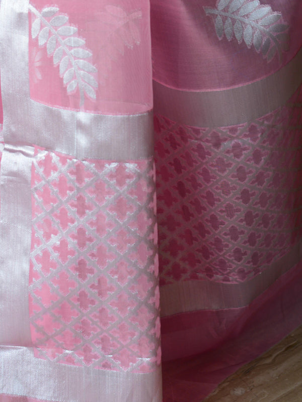 Banarasee Organza Mix Saree With Silver Leaf Buta & Border-Pink