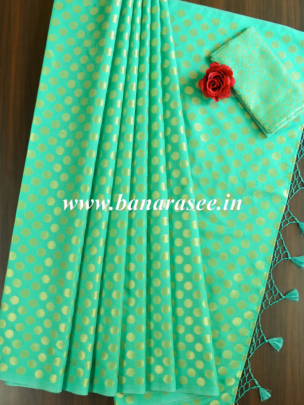 Banarasee Handwoven Polka Dot Semi Silk Saree-Green