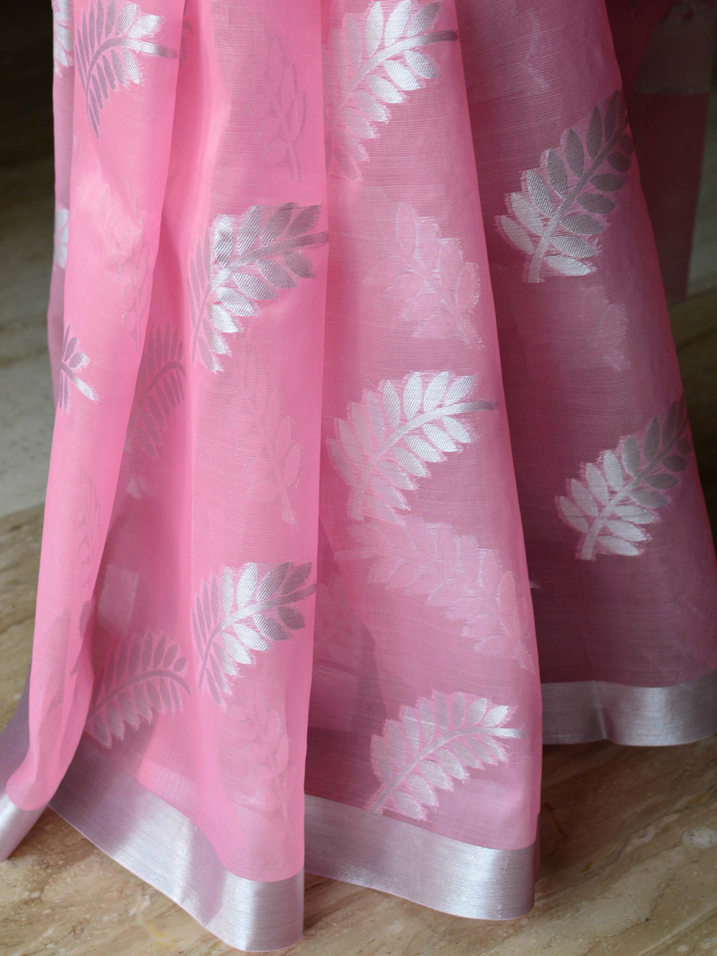 Banarasee Organza Mix Saree With Silver Leaf Buta & Border-Pink