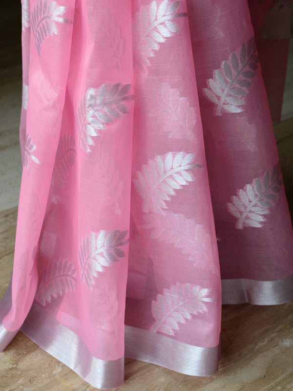 Banarasee Organza Mix Saree With Silver Leaf Buta & Border-Pink