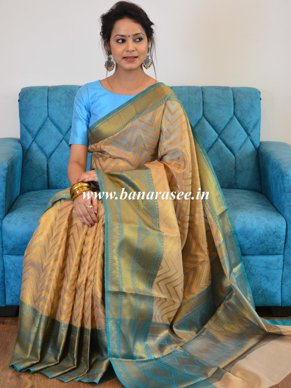 Banarasee Tissue Saree With Antique Zari Zig-Zag Design-Gold & Green