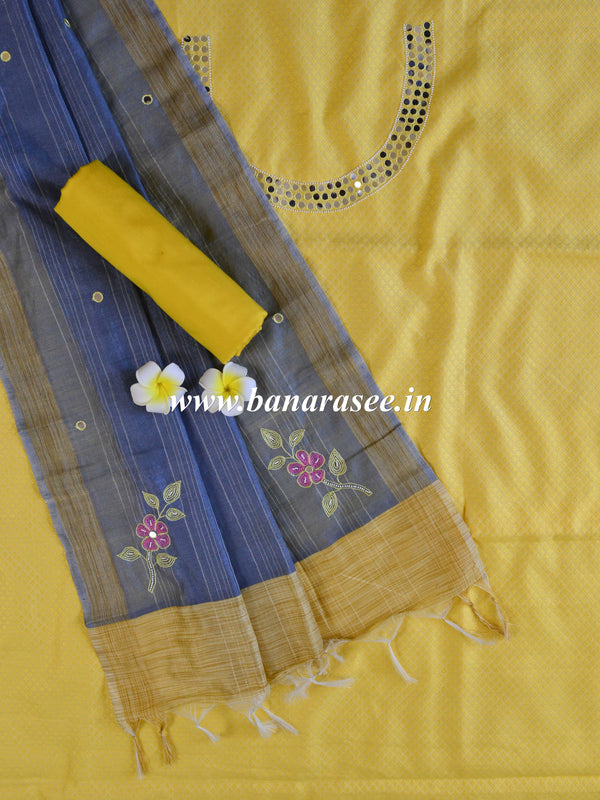 Banarasee Hand-Embroidery Chanderi Cotton Salwar Kameez Fabric With Art Silk Dupatta-Yellow & Grey