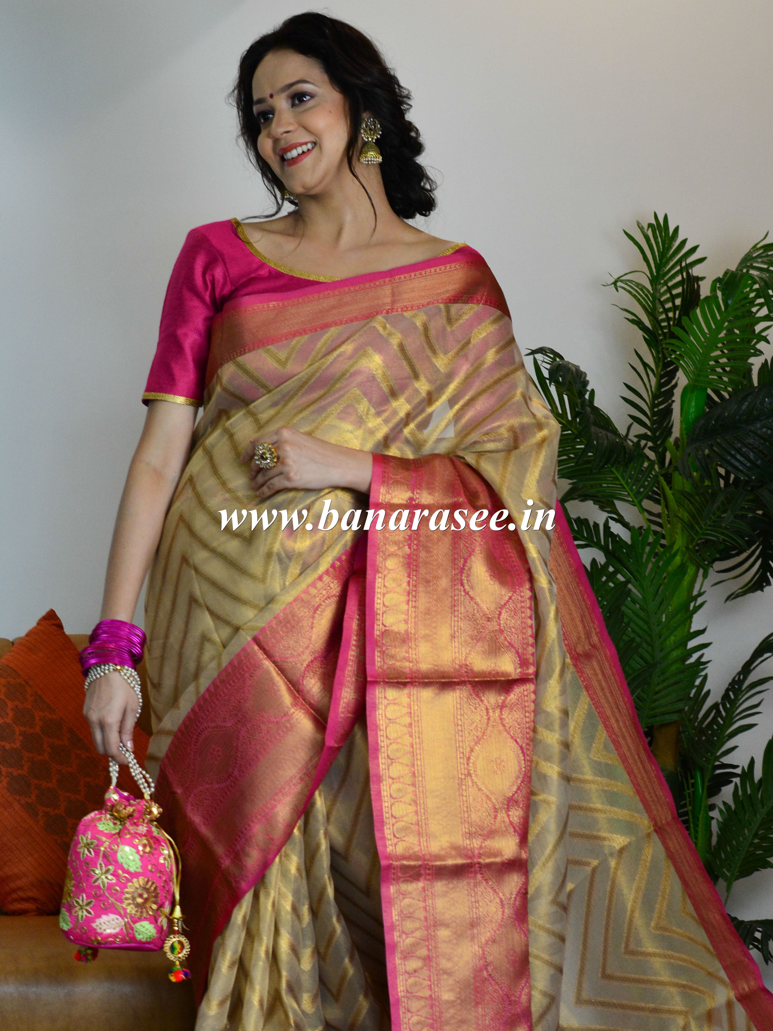 Banarasee Tissue Saree With Antique Zari Zig-Zag Design- Gold & Pink