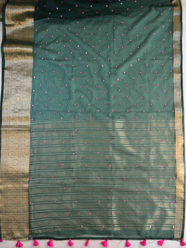 Banarasee Hand-Embroidered Mirror Work Organza Saree With Contrast Blouse-Green