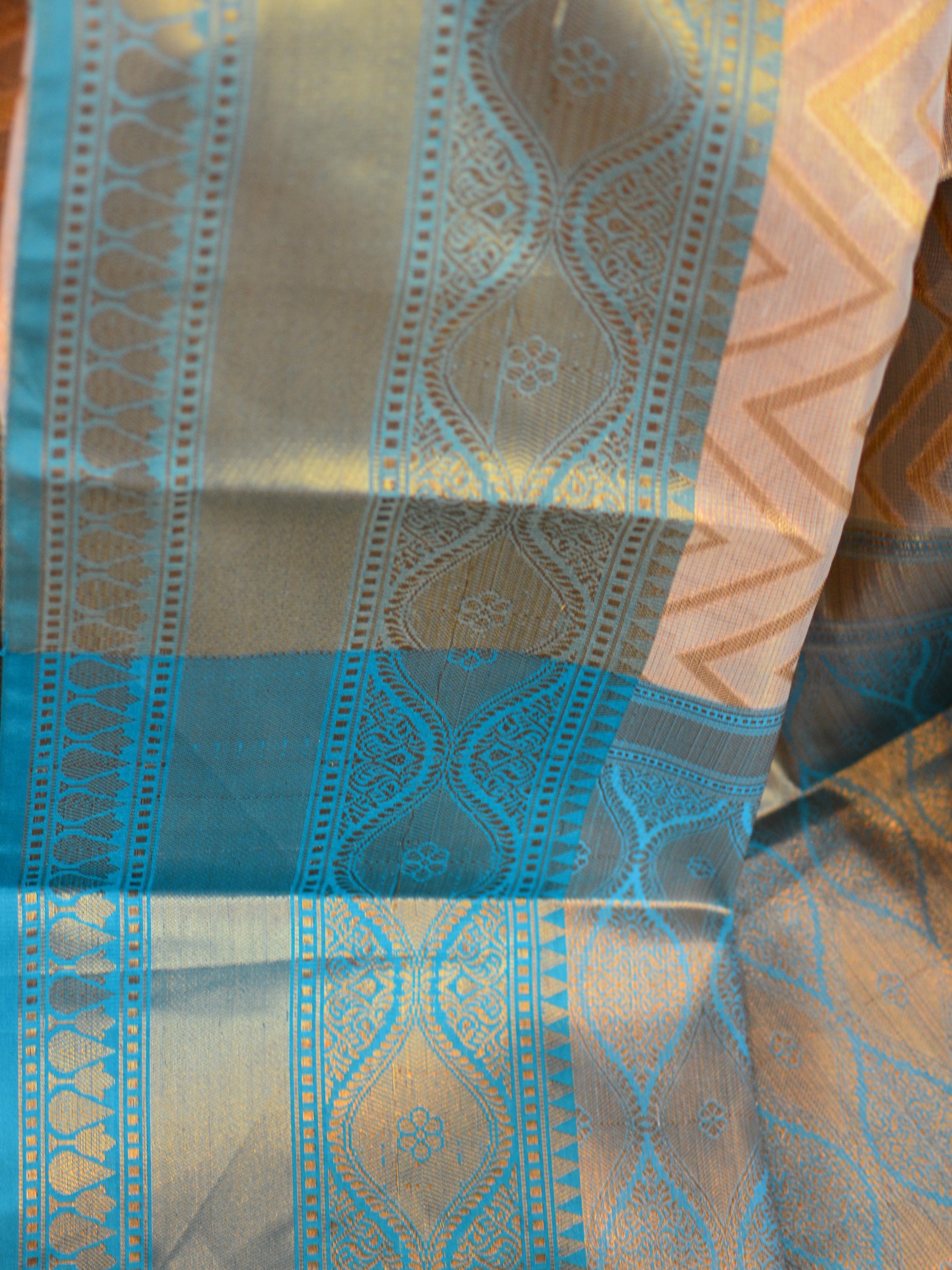 Banarasee Tissue Saree With Antique Zari Zig-Zag Design-Gold & Green