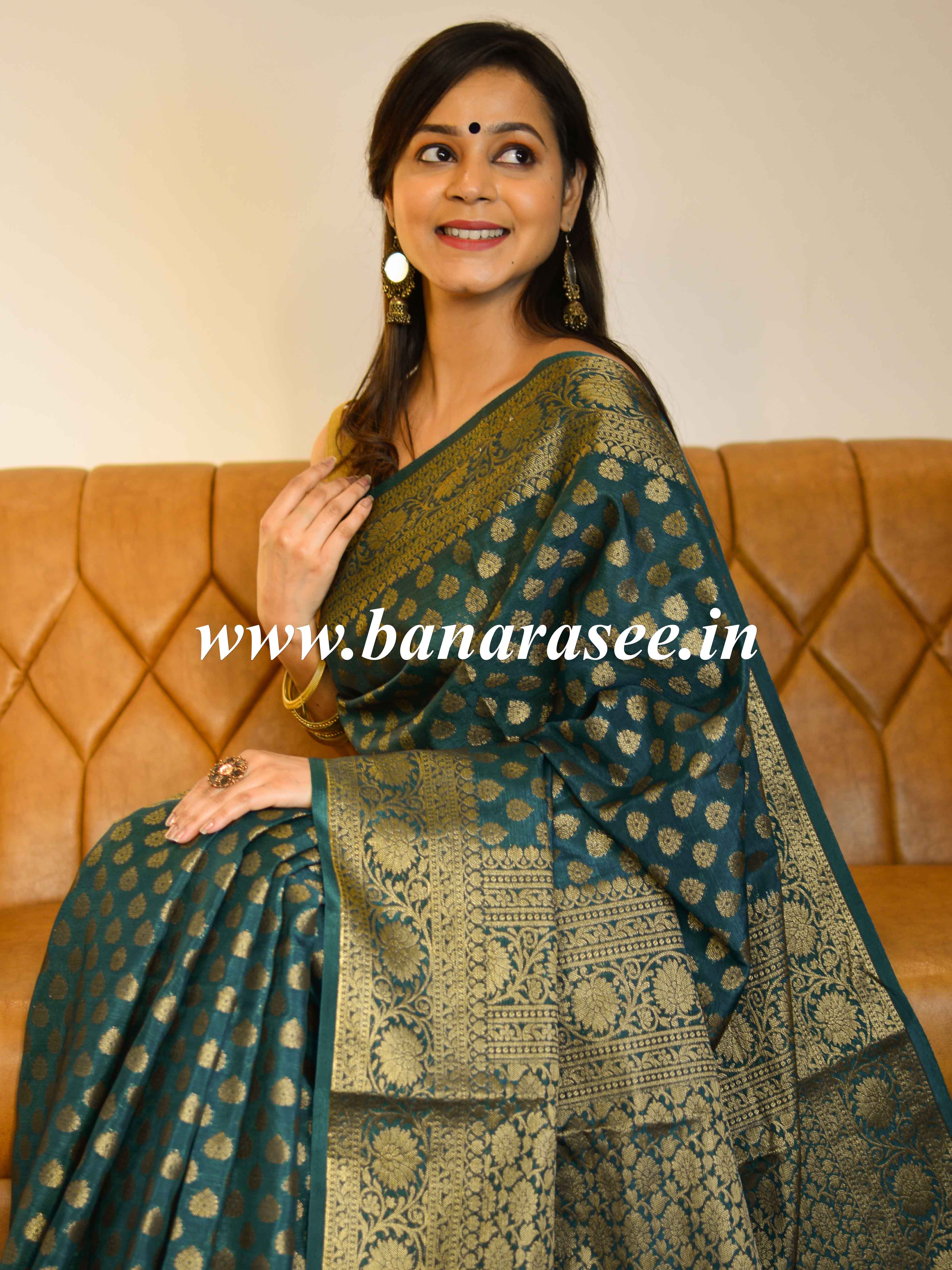 Banarasee Handwoven Semi Silk Saree With Antique Zari Buti Design-Green